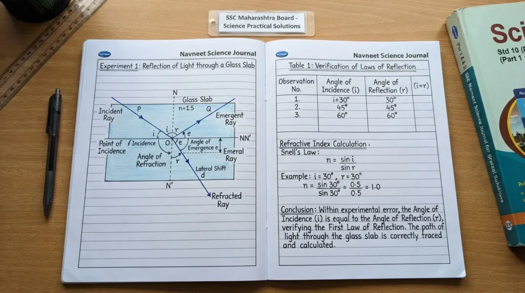 Std 10 Science Journal practical answer page showing completed observation table, labeled diagram, and final conclusion for Maharashtra Board syllabus.