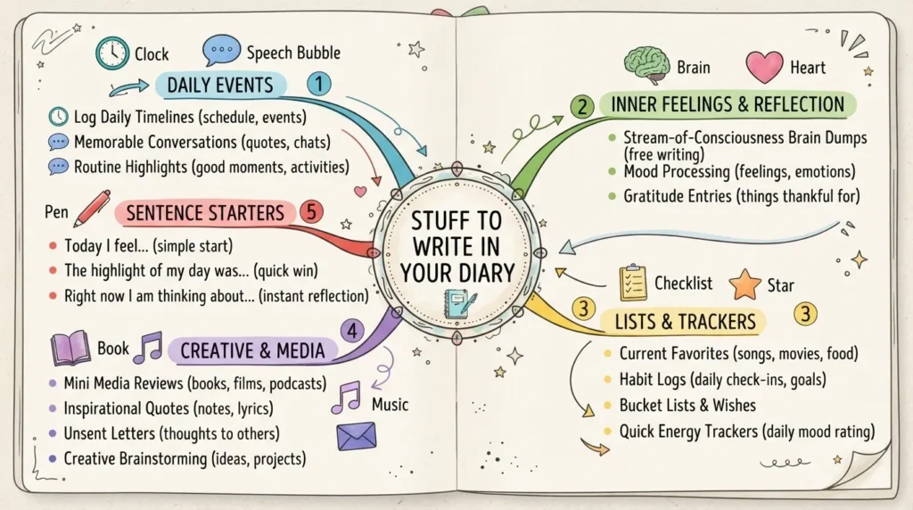 An infographic mind map showing different categories of stuff to write in a diary, including daily events, inner feelings, habit trackers, creative reviews, and quick sentence starters.