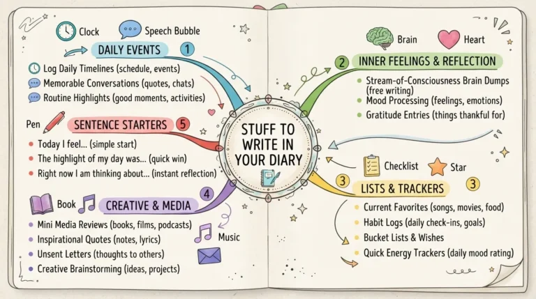 An infographic mind map showing different categories of stuff to write in a diary, including daily events, inner feelings, habit trackers, creative reviews, and quick sentence starters.