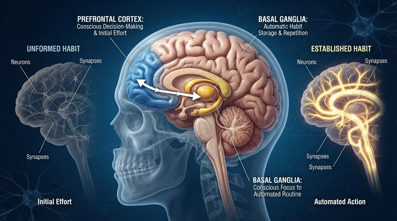 An anatomical diagram of the human brain highlighting the basal ganglia and prefrontal cortex involved in neurological habit loops, neural pathway building, and automatic behaviors.