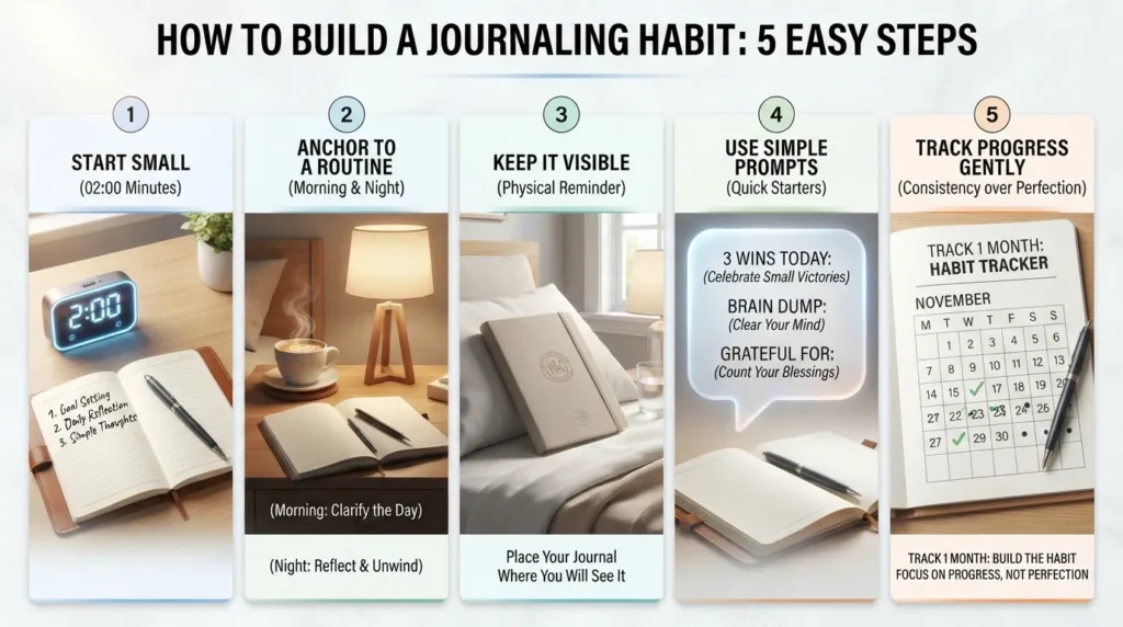 An infographic displaying five simple steps to build a daily list journaling habit, including starting small, choosing a fixed time, keeping journal visible, using prompts, and tracking consistency.