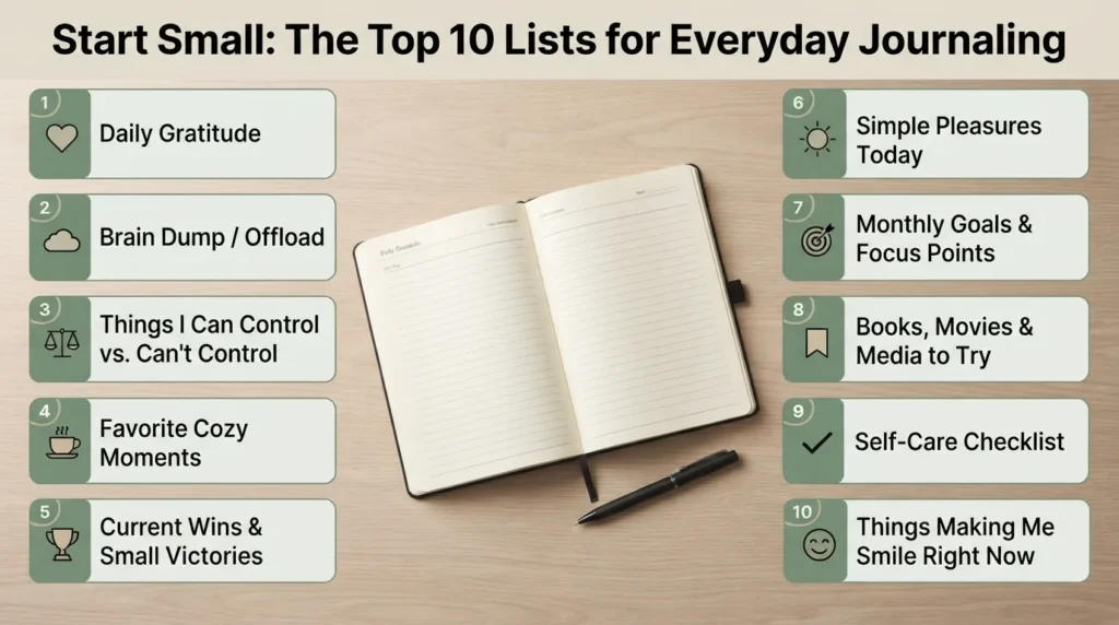 Infographic showing top 10 quick journaling list ideas for beginners arranged in a simple numbered breakdown.