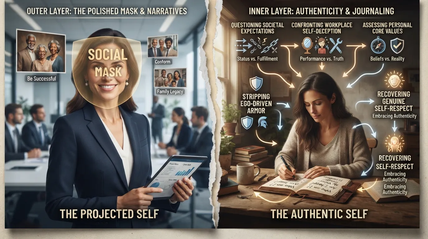 A person sitting in quiet reflection with an open journal, representing the process of unmasking ego, identity, and false beliefs through deep writing.