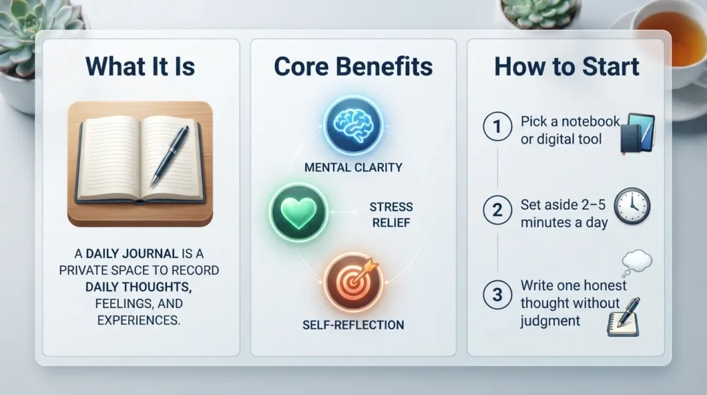An informational diagram explaining what a daily journal is, showing its main benefits like stress reduction and clarity, and three simple steps to start journaling.