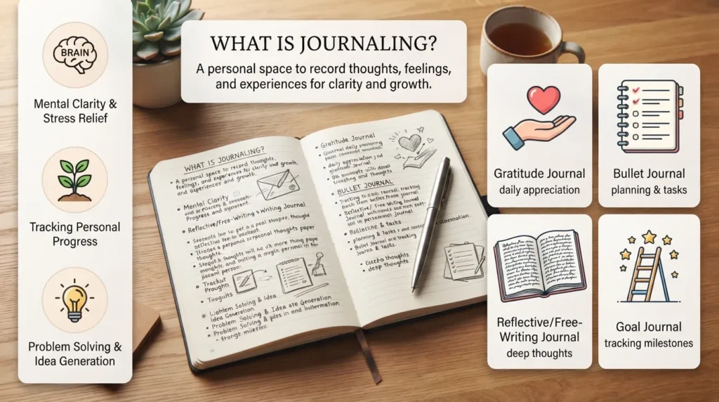 An open paper journal on a wooden desk alongside a pen, surrounded by labeled visual callouts summarizing what a journal is, its primary purpose, and main journal types.