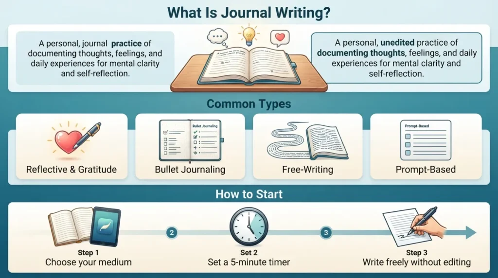 An overview infographic defining journal writing, showing key journaling types like daily reflection and bullet journaling, and step-by-step instructions on how to start.