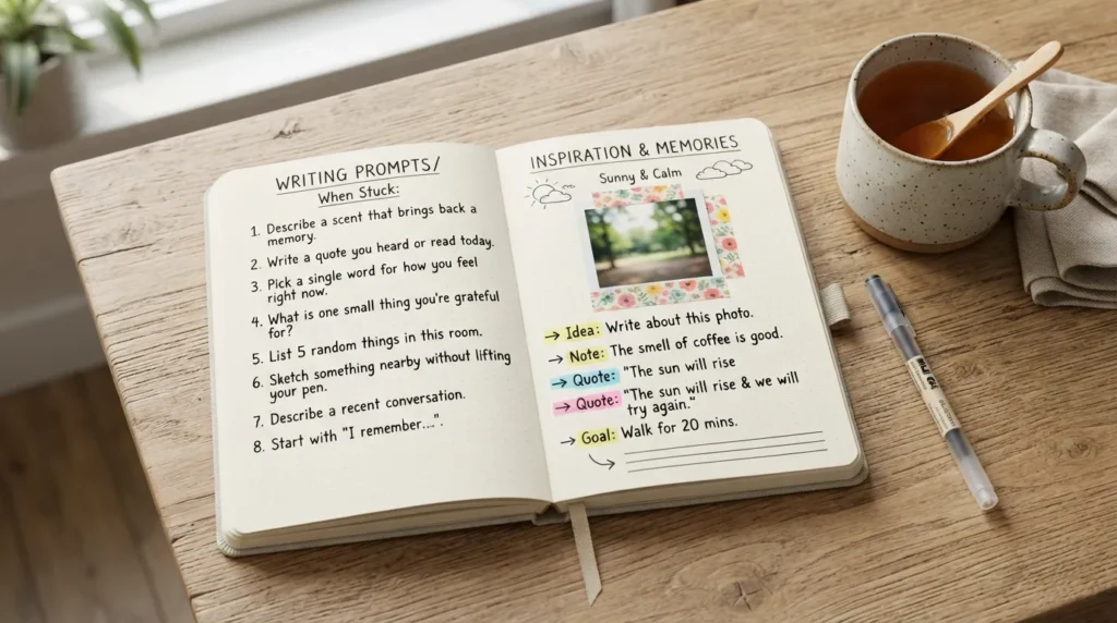 A real, open journal on a wooden desk showing creative prompts, doodles, and lists to help writers overcome journaling block when bored.