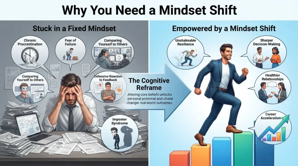 Infographic showing the impact of a mindset shift, comparing the stress of a fixed mindset with the growth, resilience, and success of a shifted mindset.