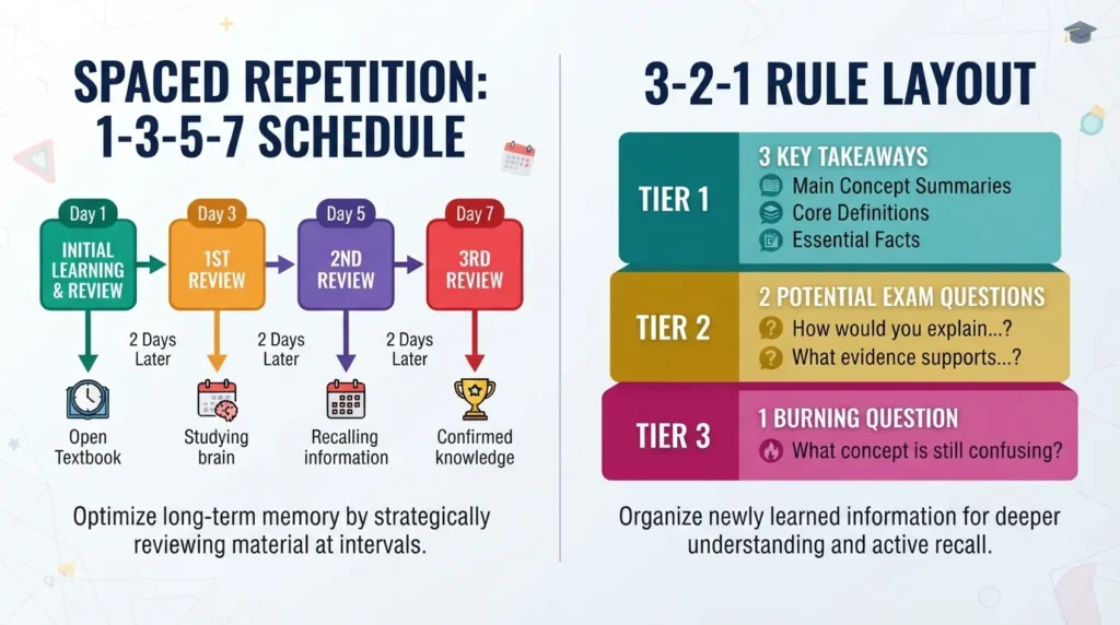 Infographic chart outlining the 1-3-5-7 spaced repetition schedule and the 3-2-1 review method for high school students.