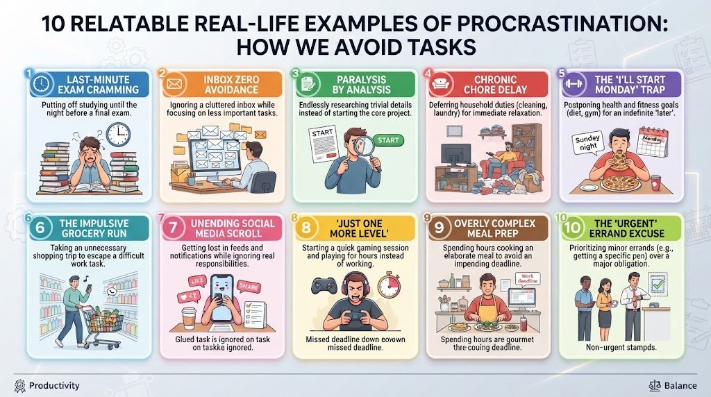 A comprehensive infographic illustrating 10 common real-life examples of procrastination in daily routines, academics, and professional settings.