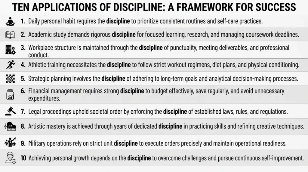 A comprehensive list graphic displaying ten distinct, clear example sentences using the word discipline in different everyday contexts.