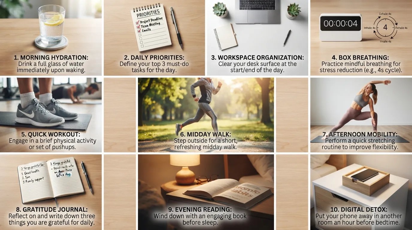 Infographic showing 10 simple daily habits including drinking water, daily planning, outdoor walking, reading, and desk organization for holistic wellness.