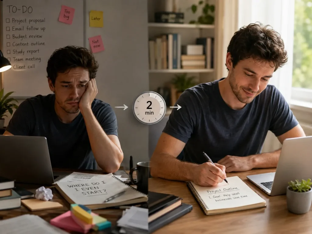 Person starting a small two-minute task to overcome procrastination and build momentum