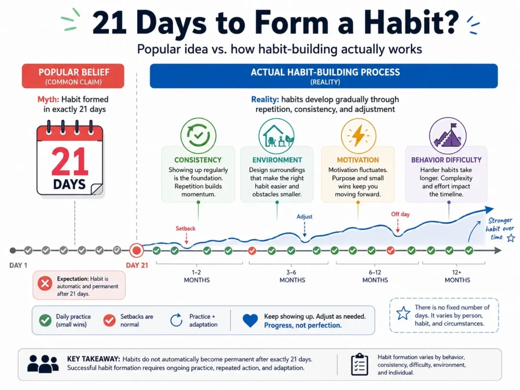 Visual timeline showing the 21-day habit theory myth compared with the reality that habits develop gradually through repeated actions, consistency, and personal factors.