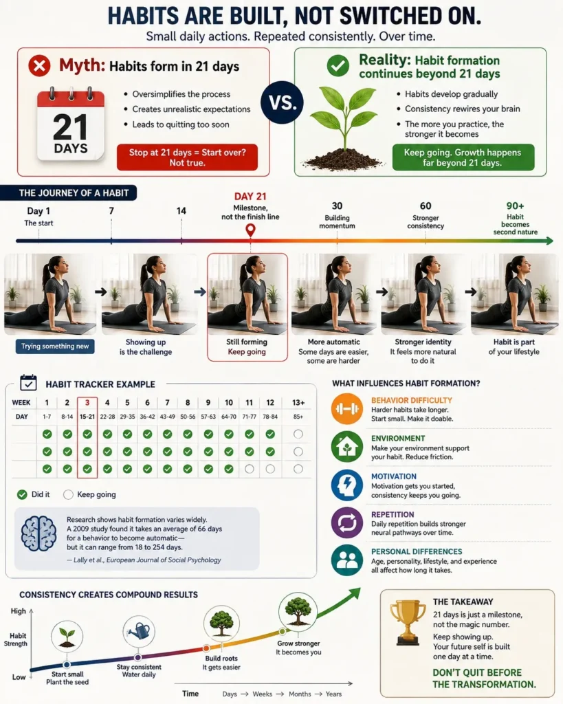 A visual timeline showing the 21 days habit theory with a person building a new habit through repeated daily actions, a calendar, habit tracker, and progress stages beyond day 21.