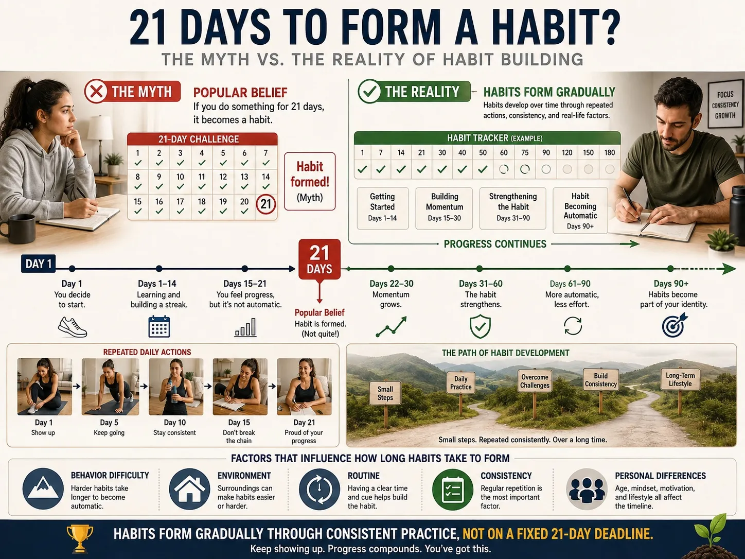 A visual timeline comparing the popular 21-day habit theory with the reality of habit formation, showing that habits develop gradually through repeated actions, consistency, and personal factors.