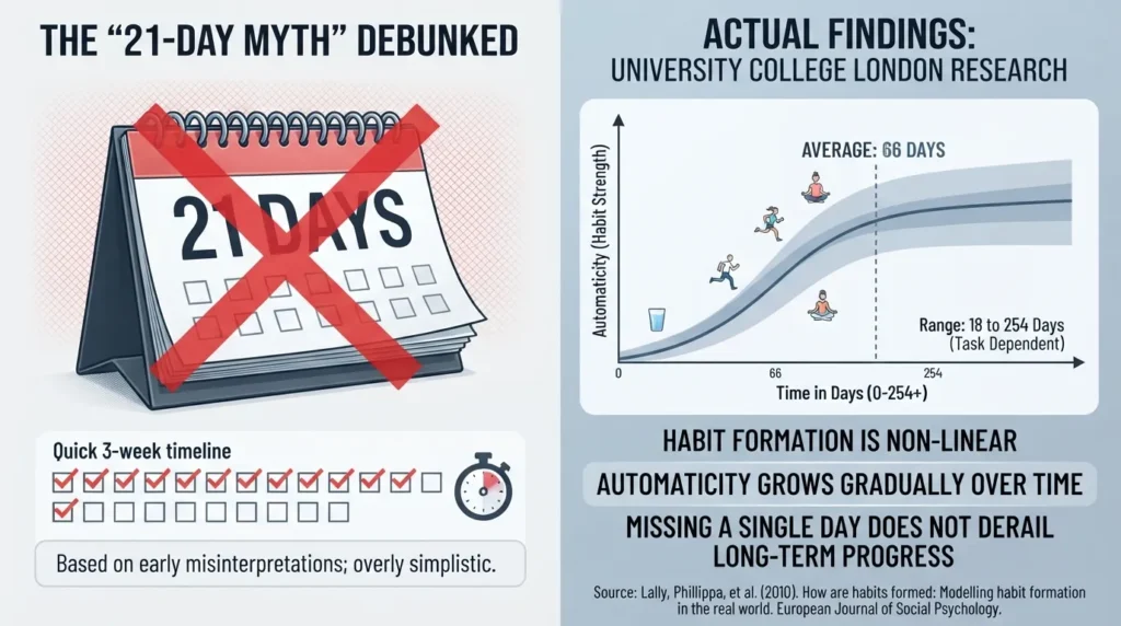 Infographic chart comparing the 21 day habit myth to Phillippa Lally's psychological study showing the actual average of 66 days to form a new habit.
