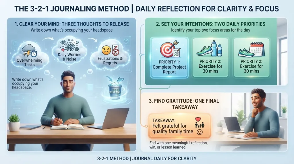 Infographic illustrating the 3-2-1 journaling method, showing three thoughts, two priorities, and one daily reflection.