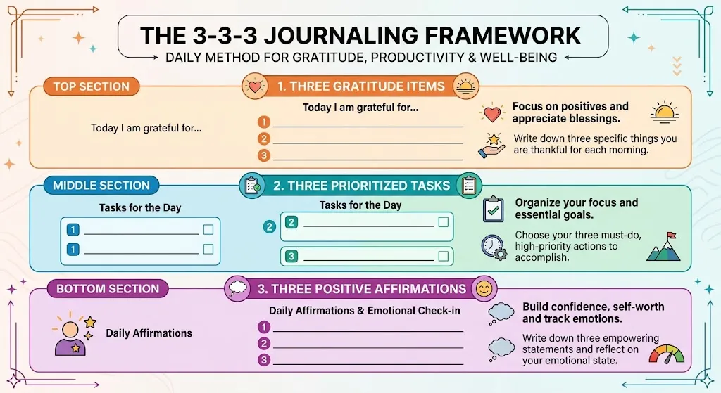 A visual breakdown of the 3-3-3 journaling method showing how to write three daily gratitude items, three priority tasks, and three positive affirmations.