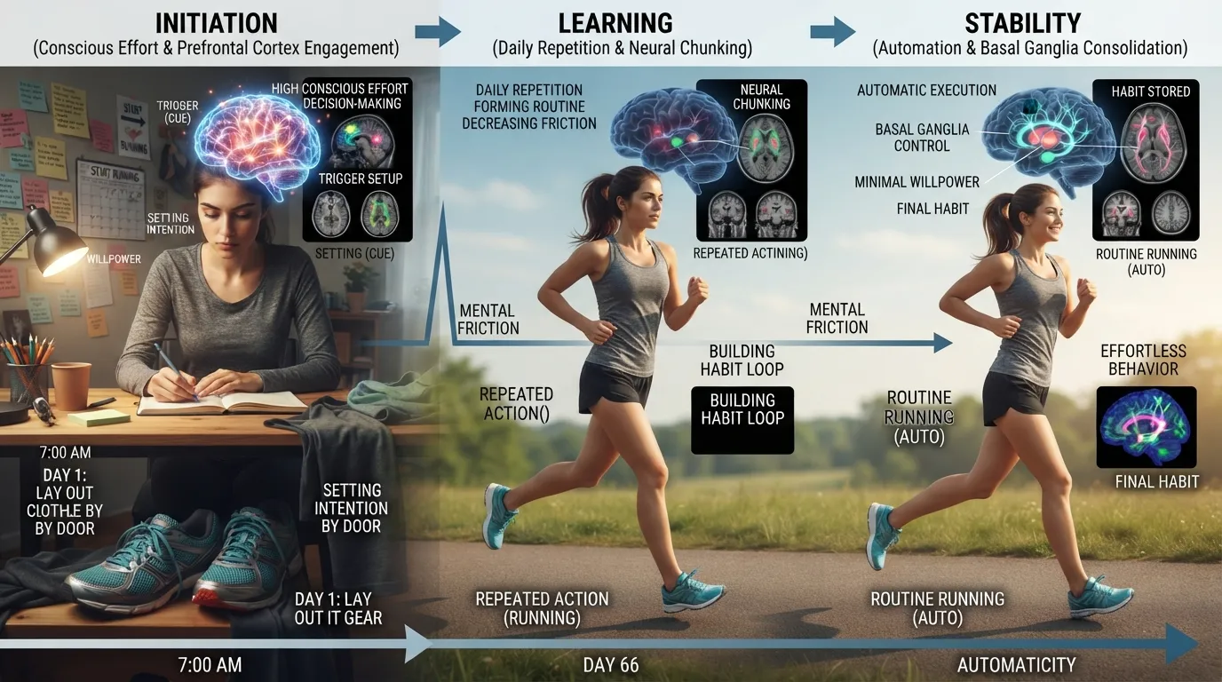 Infographic diagram illustrating the three phases of habit formation—initiation, learning, and stability—showing the progression from conscious effort to automaticity.