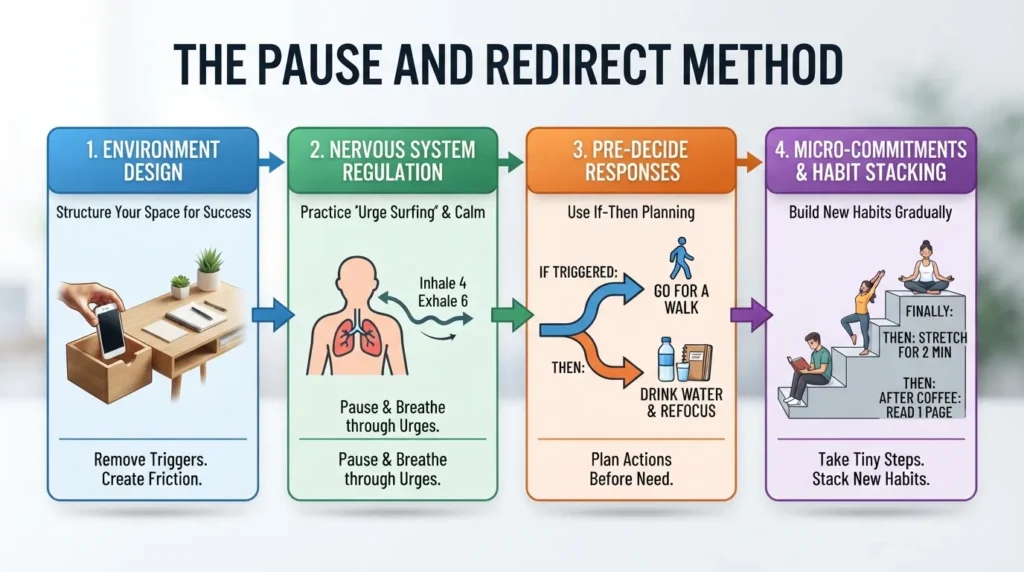 Infographic illustrating the four steps of the Pause and Redirect method for building self-control, including environment design, breathing, pre-deciding responses, and micro-habits.