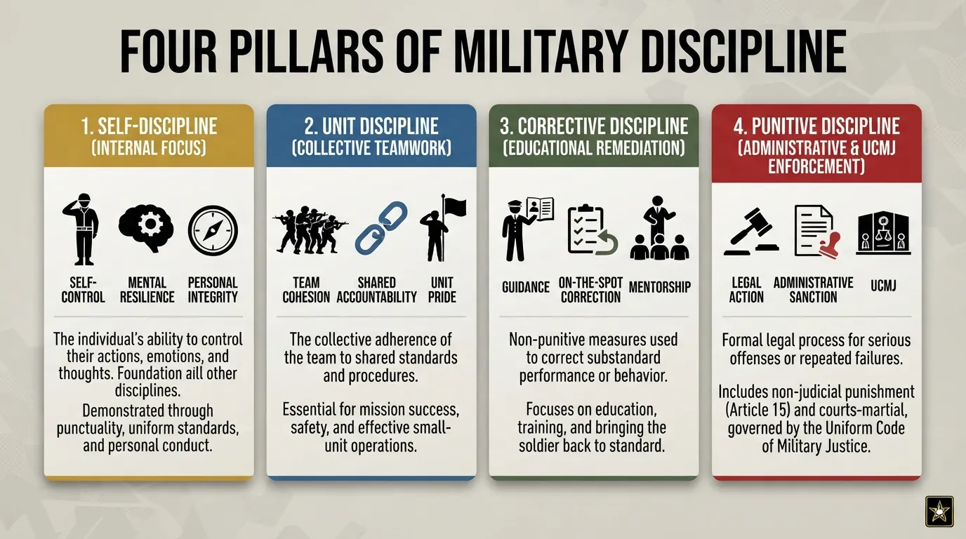 An infographic or structured chart displaying the four types of military discipline: self-discipline, unit discipline, corrective discipline, and punitive discipline.