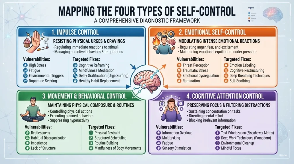 Infographic illustrating the four types of self control: impulse control, emotional self control, movement behavioral control, and cognitive attention control.