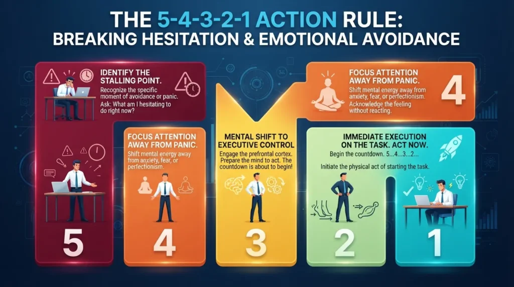 Infographic showing a person using the 5-4-3-2-1 countdown technique to stop overthinking and start working