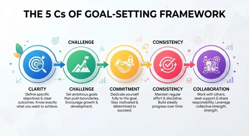 Infographic chart illustrating the 5 Cs of Goal Setting framework, showing clear, challenging, committed, consistent, and collaborative components.