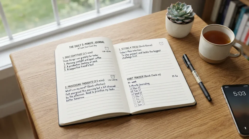 A person writing in a personal journal with a pen, representing a quick 5-minute daily journaling routine for mental clarity.