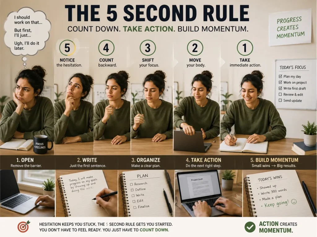 A person using the 5-4-3-2-1 countdown method to overcome procrastination by moving from hesitation to immediate action