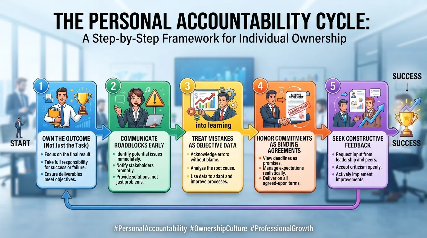 A visual guide outlining the five steps to taking personal accountability, featuring an ownership mindset and professional growth roadmap.