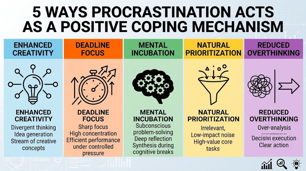 Infographic breakdown showing 5 ways procrastination acts as a positive coping mechanism, including enhanced creativity, deadline focus, mental incubation, task prioritization, and reduced overthinking.
