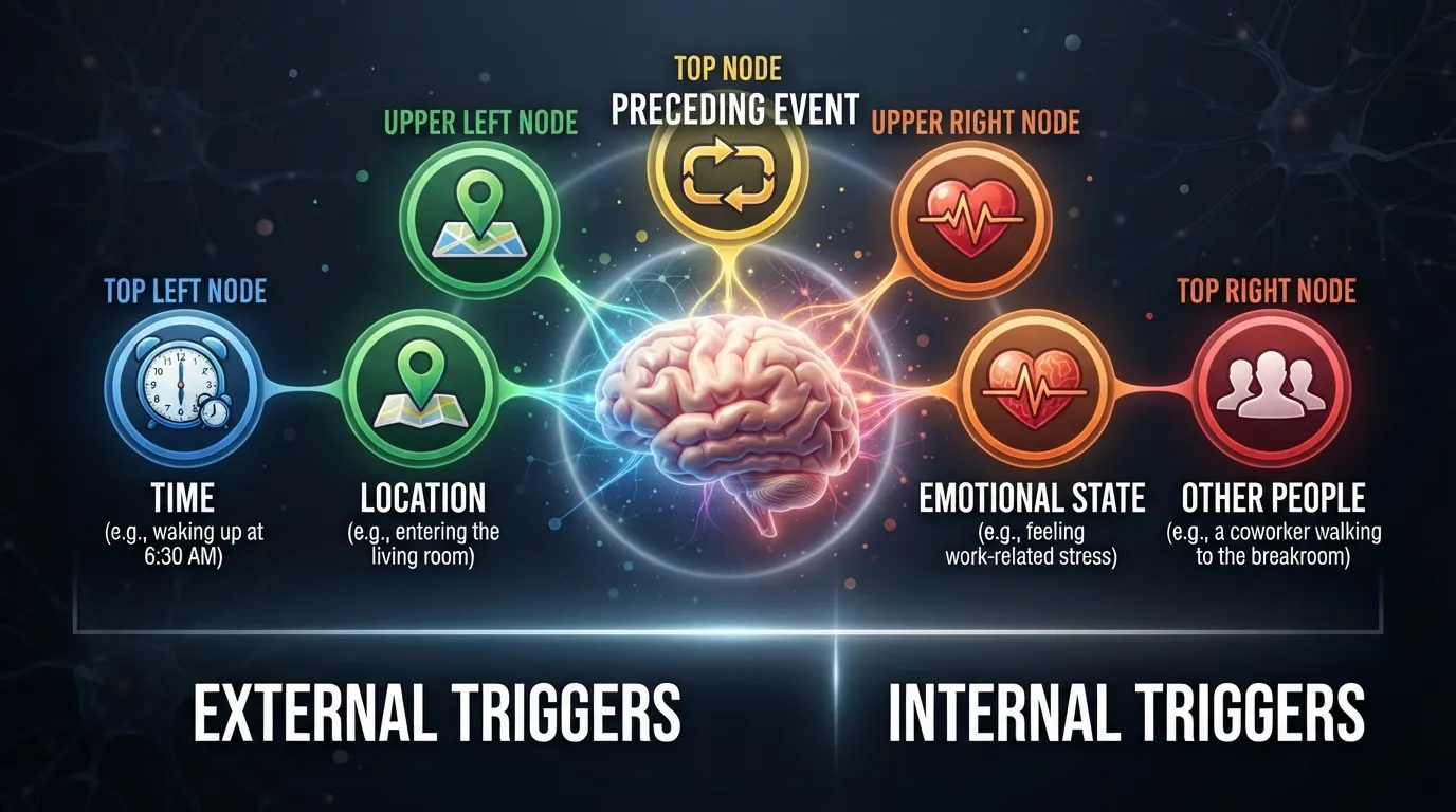 Infographic illustrating the five types of habit triggers: time, location, preceding event, emotional state, and other people, showing how environmental and internal cues spark automatic routines.