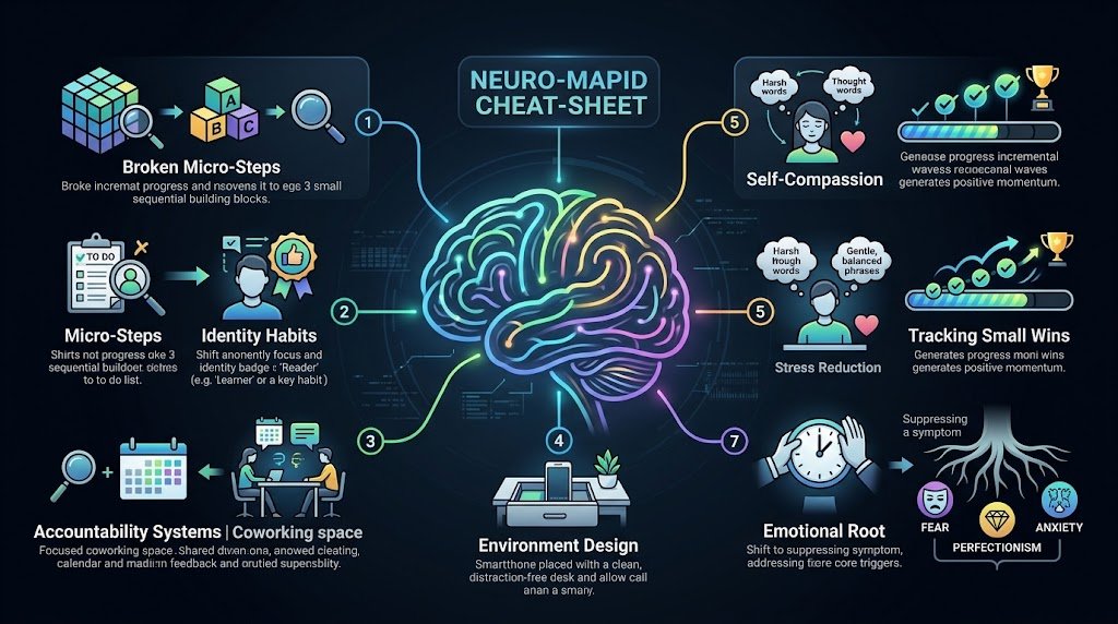 An infographic illustrating 7 science-backed strategies to rewire the brain and overcome chronic procrastination long term.