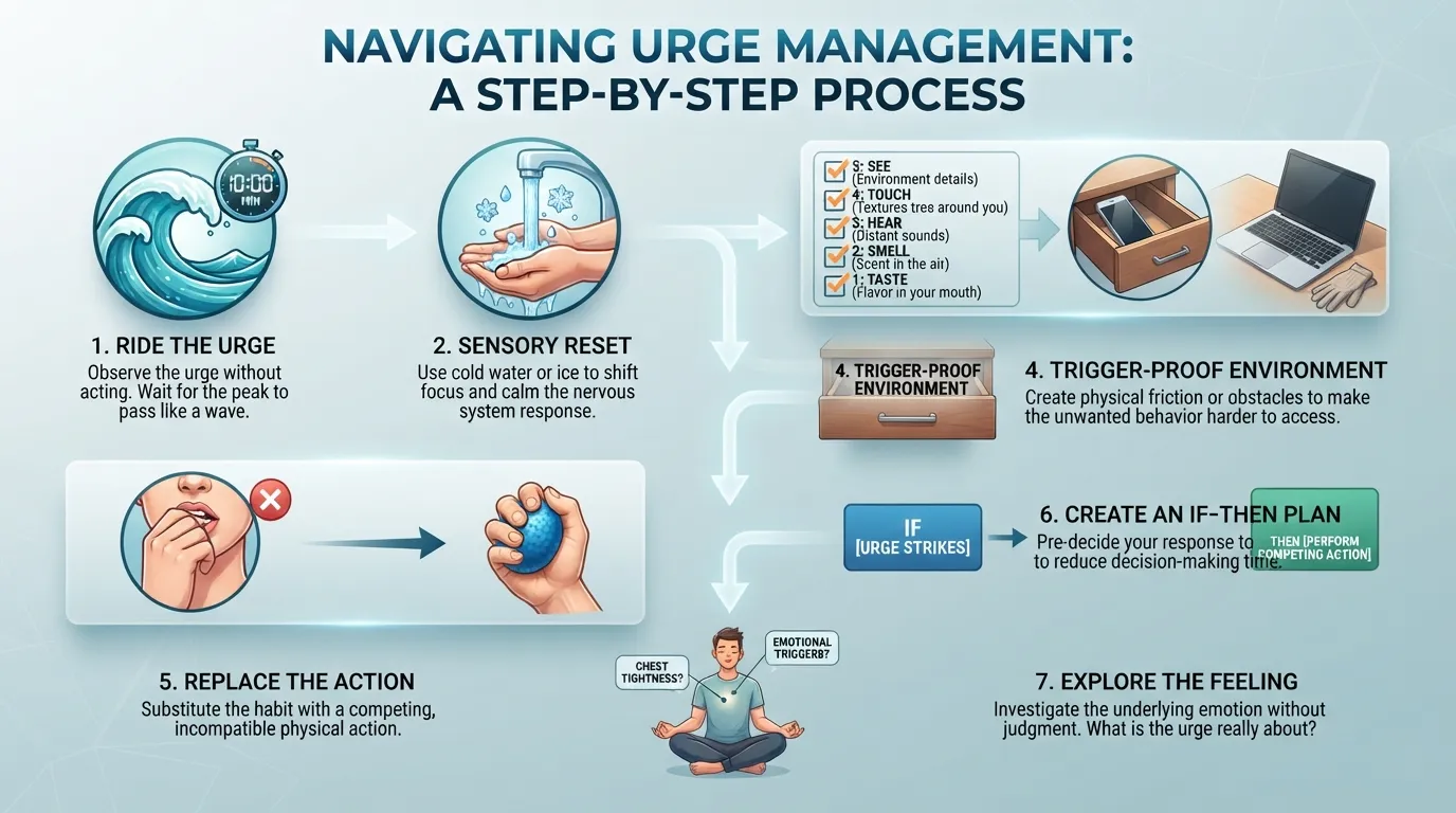 Infographic illustrating a 7-step guide to stop anxious habits, showing step-by-step actions from riding the urge to environmental changes and grounding techniques.