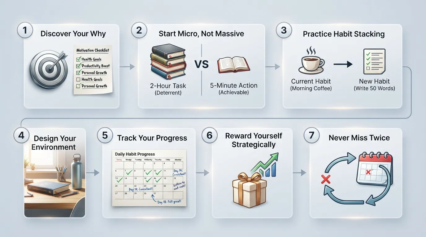 Infographic illustrating seven step-by-step habit formation strategies, including defining a "why," starting small, habit stacking, environment design, tracking progress, rewarding wins, and the never-miss-twice rule.