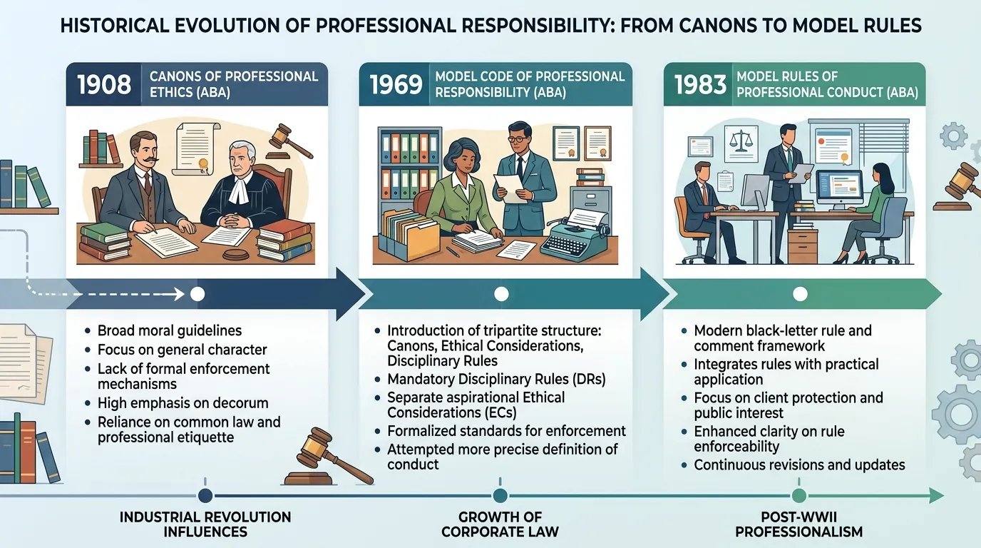 Timeline chart illustrating the evolution of legal ethics from the 1908 Canons of Professional Ethics to the 1983 Model Rules of Professional Conduct.