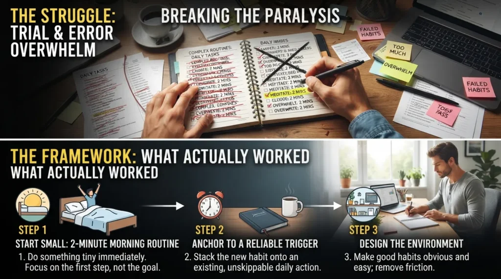 Person writing in a journal next to a morning coffee cup and sunlight representing practical habit testing and personal experience.