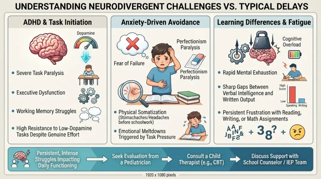 An educational chart comparing procrastination symptoms caused by ADHD, anxiety, and learning differences in children to help parents identify root causes.
