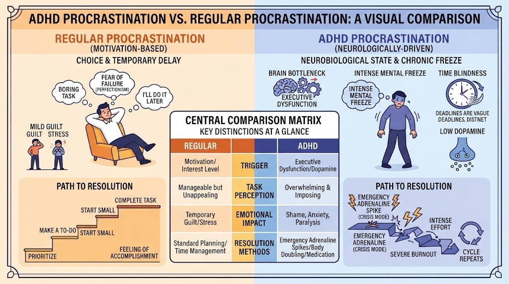 Infographic comparing ADHD procrastination and regular procrastination, highlighting neurological differences, emotional impact, and behavioral triggers.