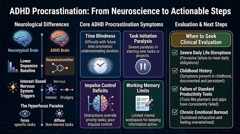 An infographic diagram explaining the connection between ADHD and procrastination, showing executive dysfunction, time blindness, and dopamine deficits in the brain.