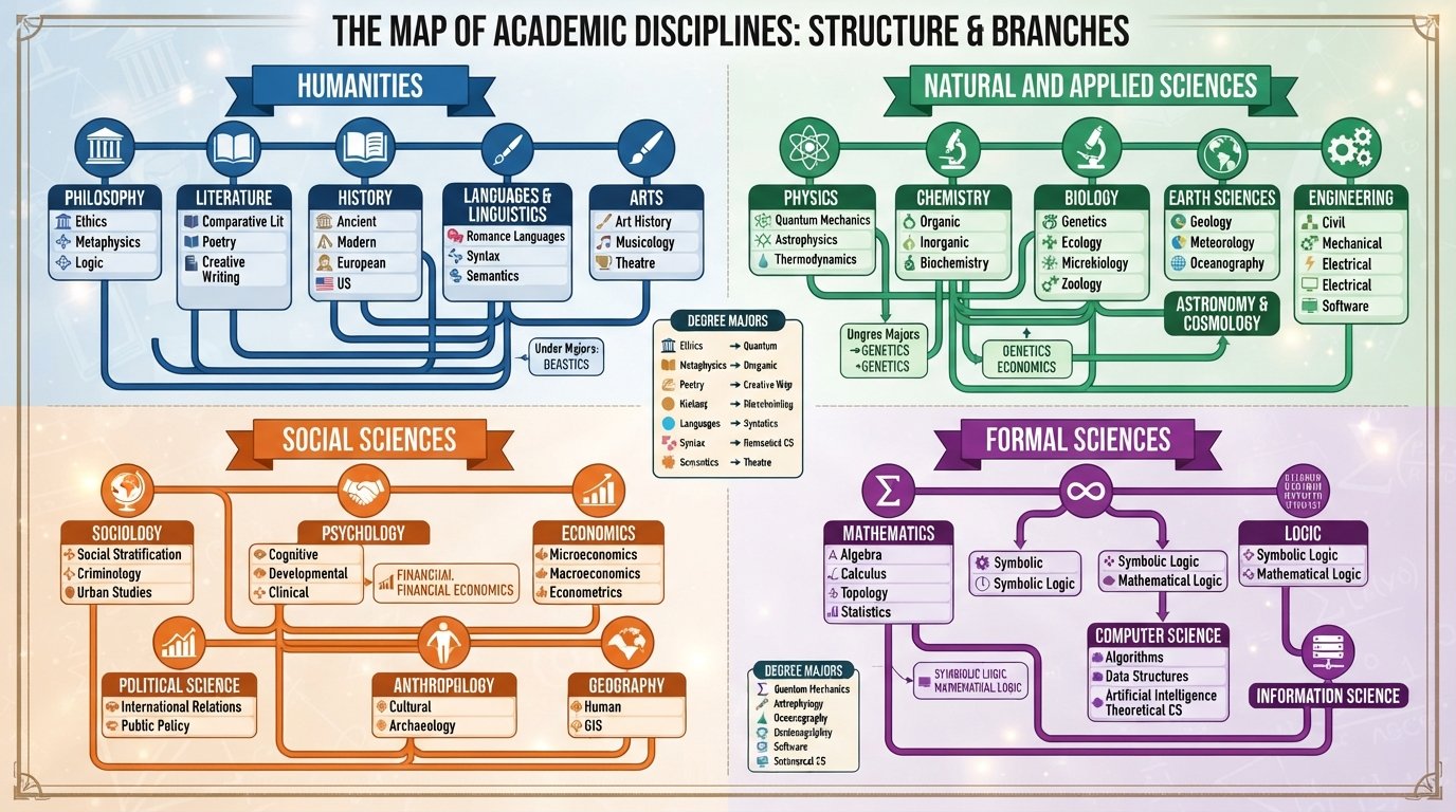 Infographic illustrating academic discipline definitions, the four main branches including humanities and sciences, and various educational types.
