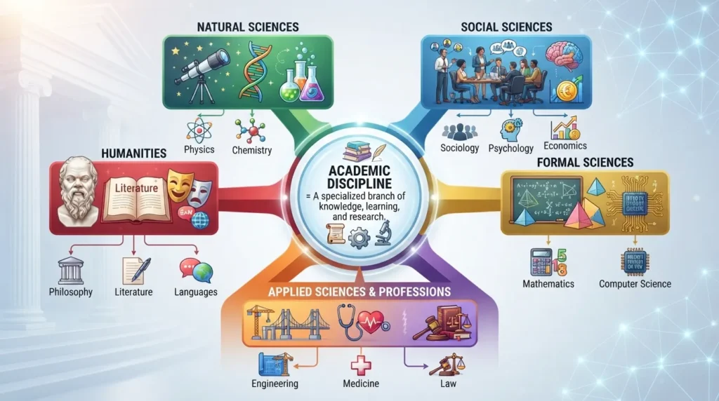Academic discipline meaning, main types, and examples including humanities, natural sciences, social sciences, formal sciences, and applied sciences