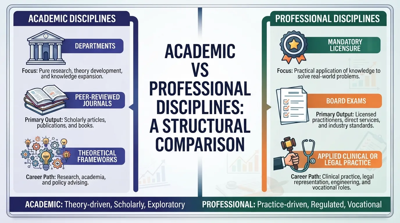 Infographic comparing the characteristics of academic disciplines and professional disciplines, highlighting theoretical research versus practical licensure.