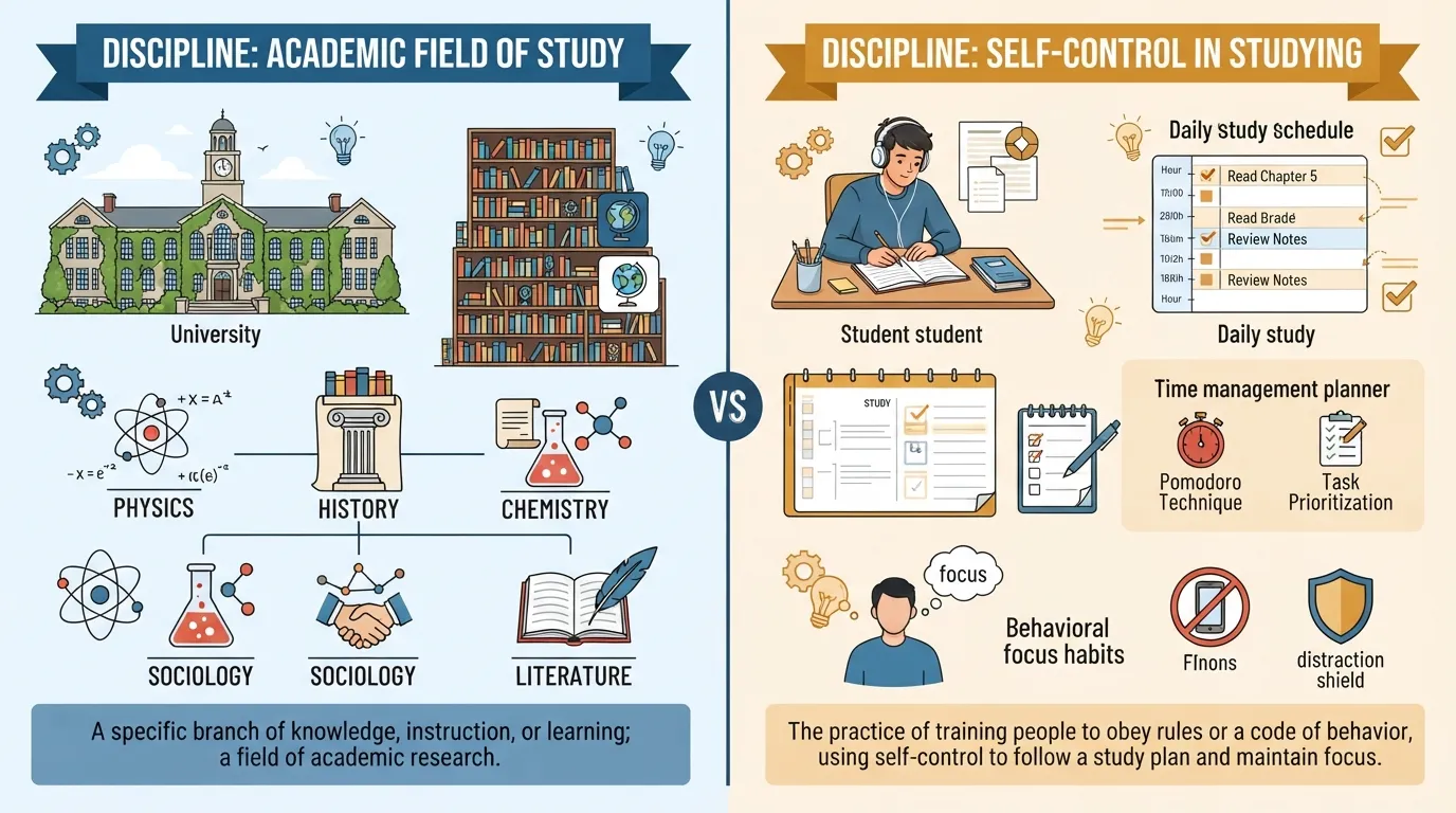 Comparison infographic showing the difference between an academic discipline branch of knowledge and personal self-discipline for studying