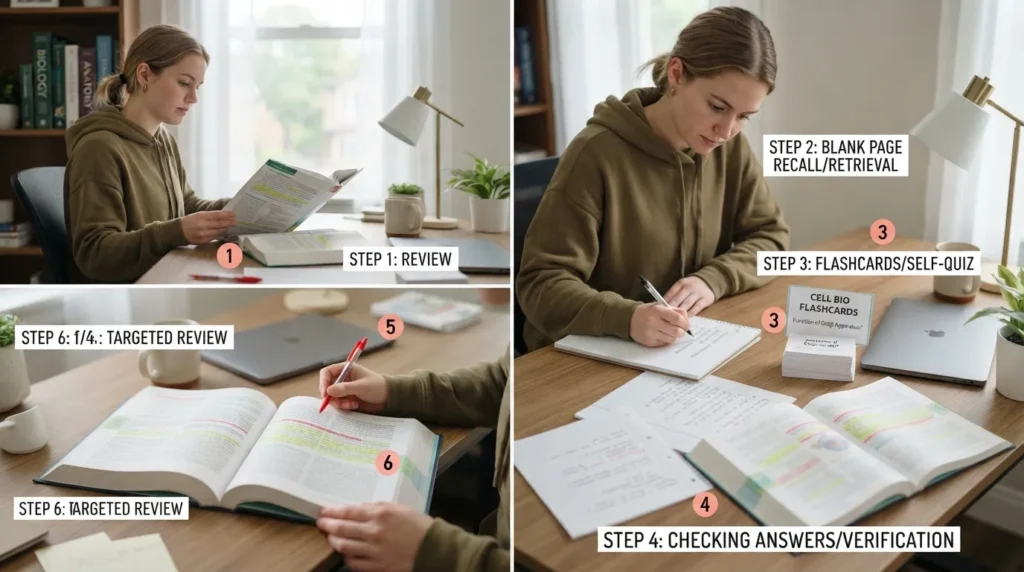 Student using active recall by answering study questions from memory, checking notes, and reviewing key concepts with flashcards