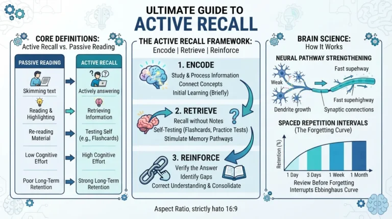 Infographic illustrating the complete active recall guide for mastering long-term memory and study efficiency
