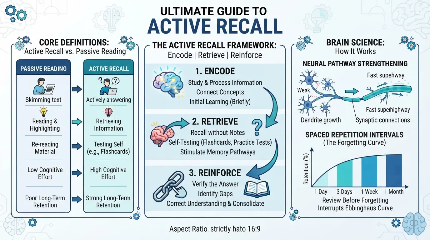 Infographic illustrating the complete active recall guide for mastering long-term memory and study efficiency