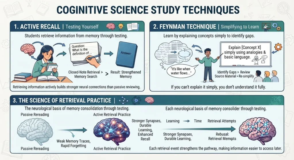 Infographic illustrating active studying techniques including active recall, flashcards, and the Feynman technique based on cognitive science